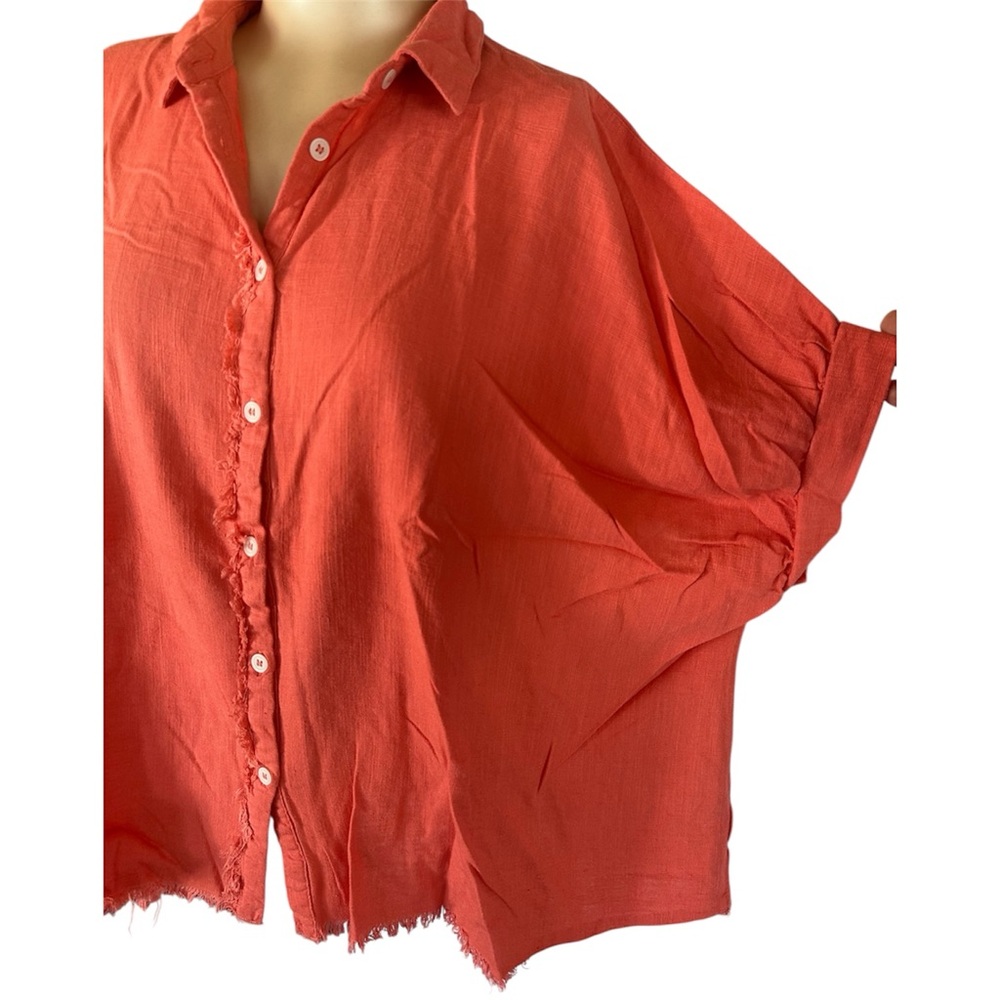 Umgee Oversized Coral Pink Raw Hem Collared Dolman Sleeve Linen Blend Top- Small